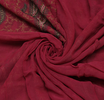 Sushila Vintage Mauve Scrap Saree Pure Georgette Silk Embroidered Sari Fabric