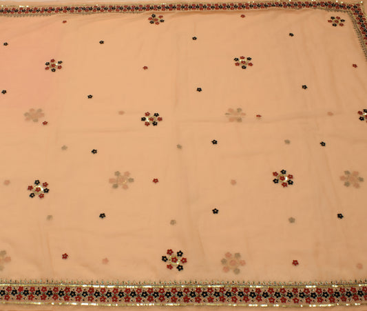 Sushila Vintage Peach Scrap Saree Blend Georgette Hand Beaded Floral Sari Fabric