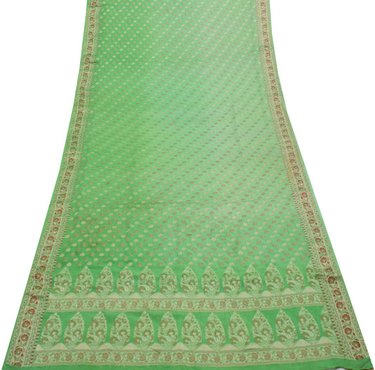 Sushila Vintage Green Scrap Saree Pure Georgette Woven Floral Sari 5 Yard Fabric
