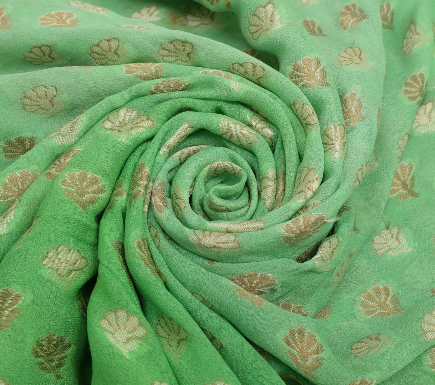 Sushila Vintage Green Scrap Saree Pure Georgette Woven Floral Sari 5 Yard Fabric