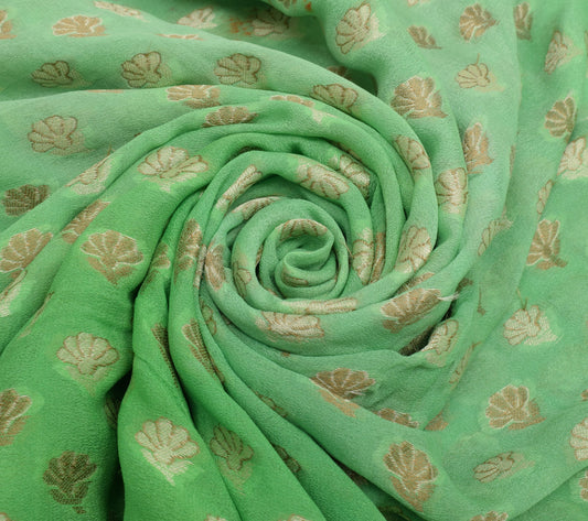 Sushila Vintage Green Scrap Saree Pure Georgette Woven Floral Sari 5 Yard Fabric