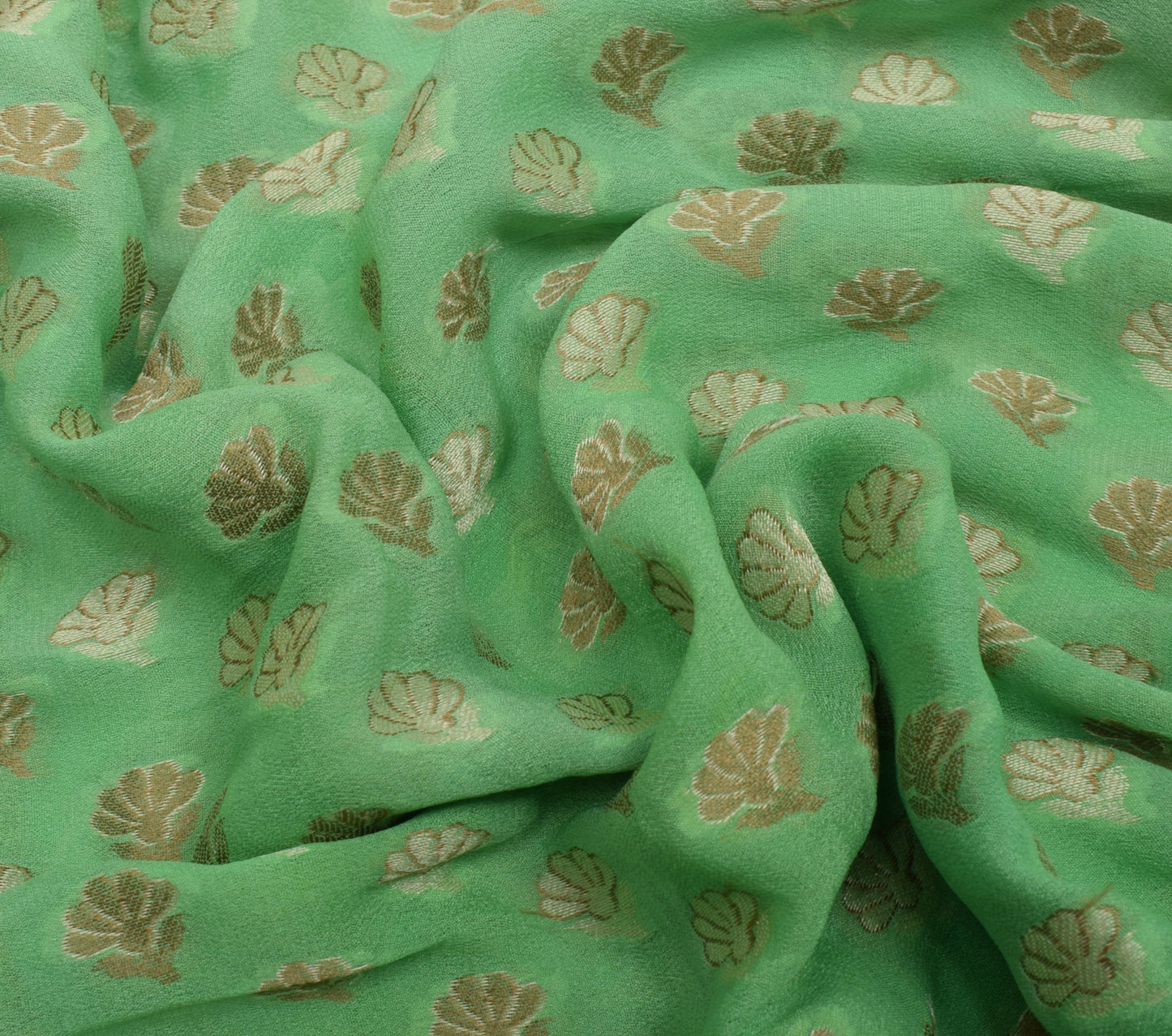 Sushila Vintage Green Scrap Saree Pure Georgette Woven Floral Sari 5 Yard Fabric