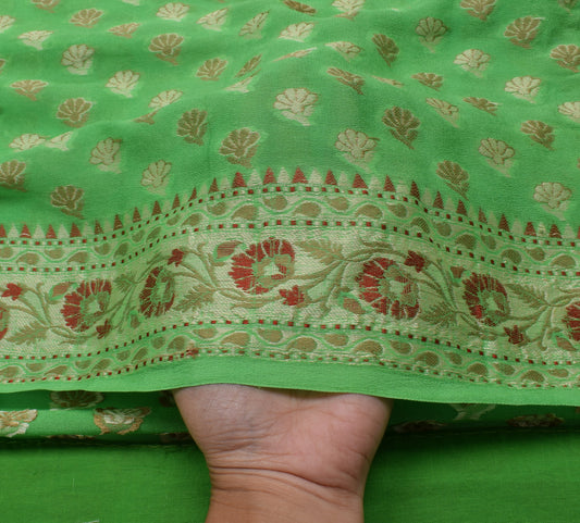 Sushila Vintage Green Scrap Saree Pure Banarasi Georgette Woven Floral Sari 5 Yard Fabric