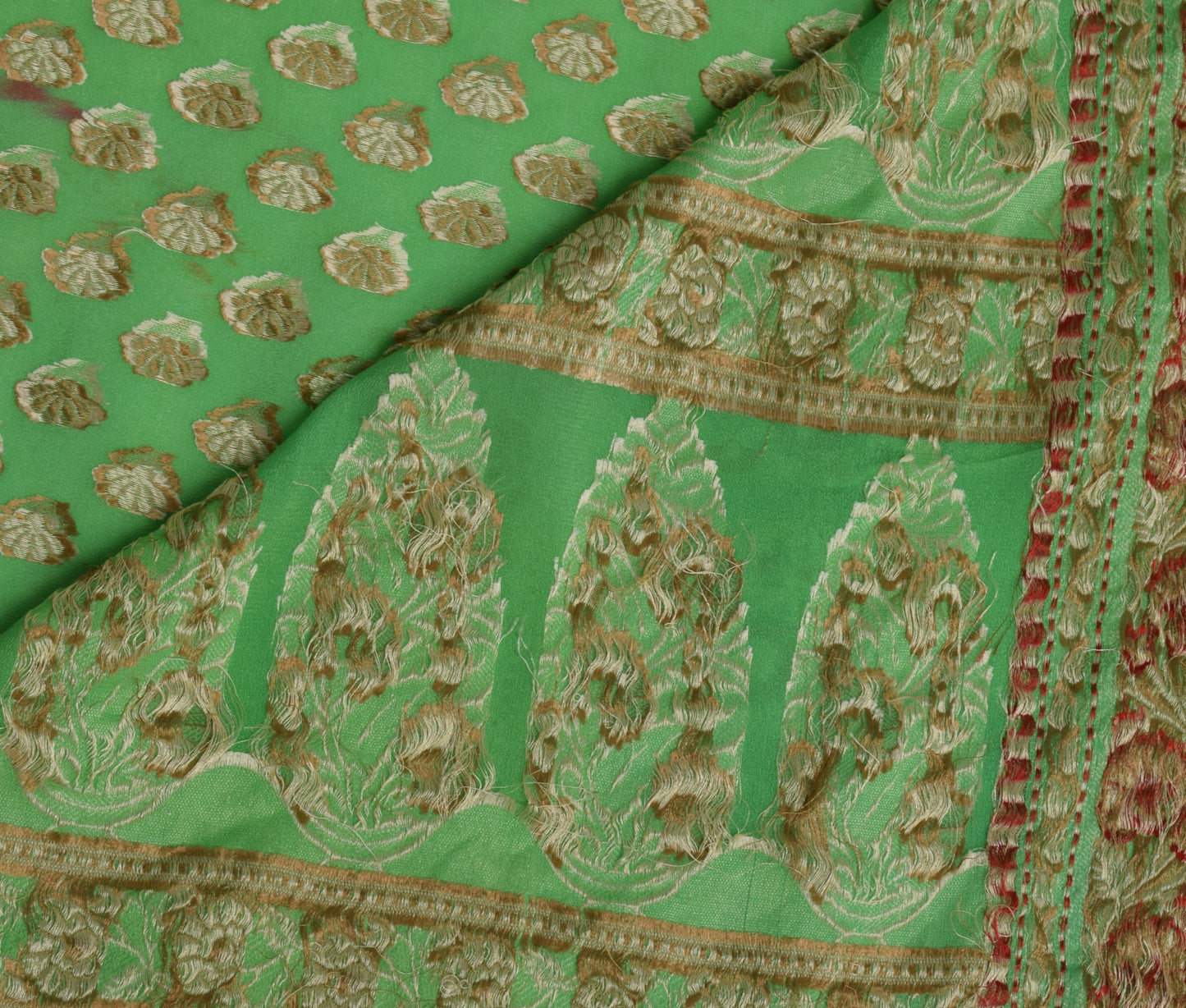 Sushila Vintage Green Scrap Saree Pure Georgette Woven Floral Sari 5 Yard Fabric