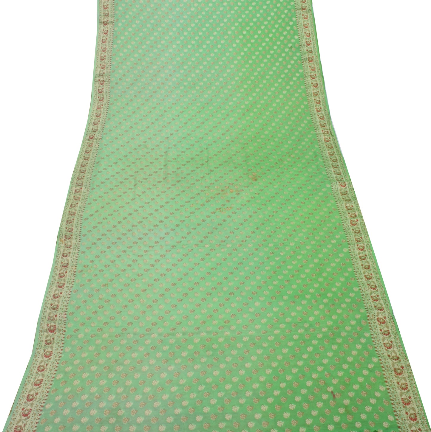 Sushila Vintage Green Scrap Saree Pure Georgette Woven Floral Sari 5 Yard Fabric