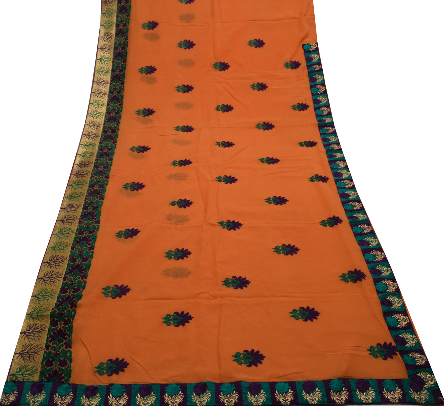 Sushila Vintage Dark Orange Scrap Saree Pure Georgette Embroidered Sari Fabric
