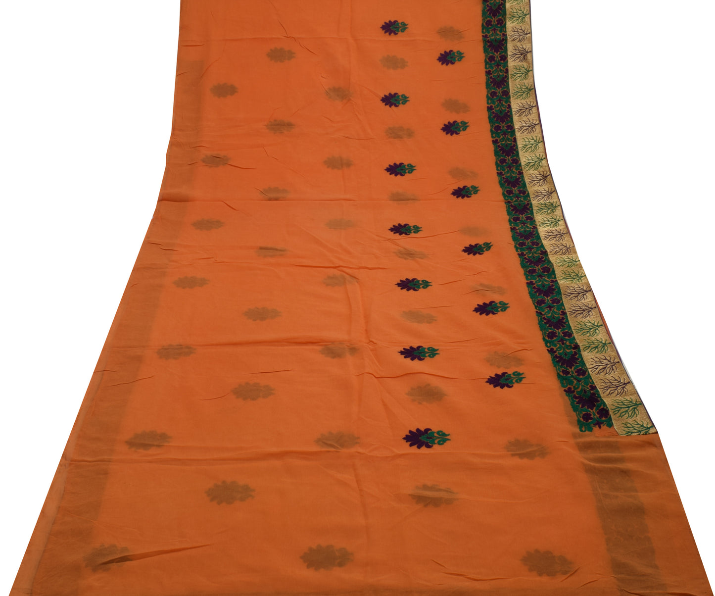 Sushila Vintage Dark Orange Scrap Saree Pure Georgette Embroidered Sari Fabric