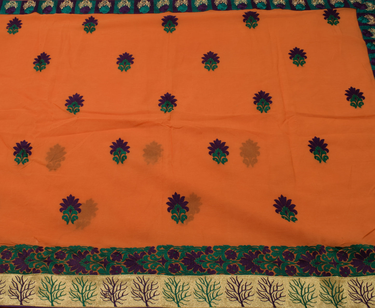 Sushila Vintage Dark Orange Scrap Saree Pure Georgette Embroidered Sari Fabric
