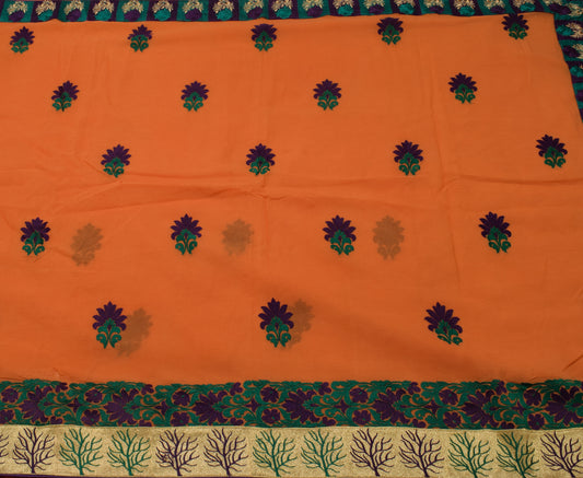 Sushila Vintage Dark Orange Scrap Saree Pure Georgette Embroidered Sari Fabric