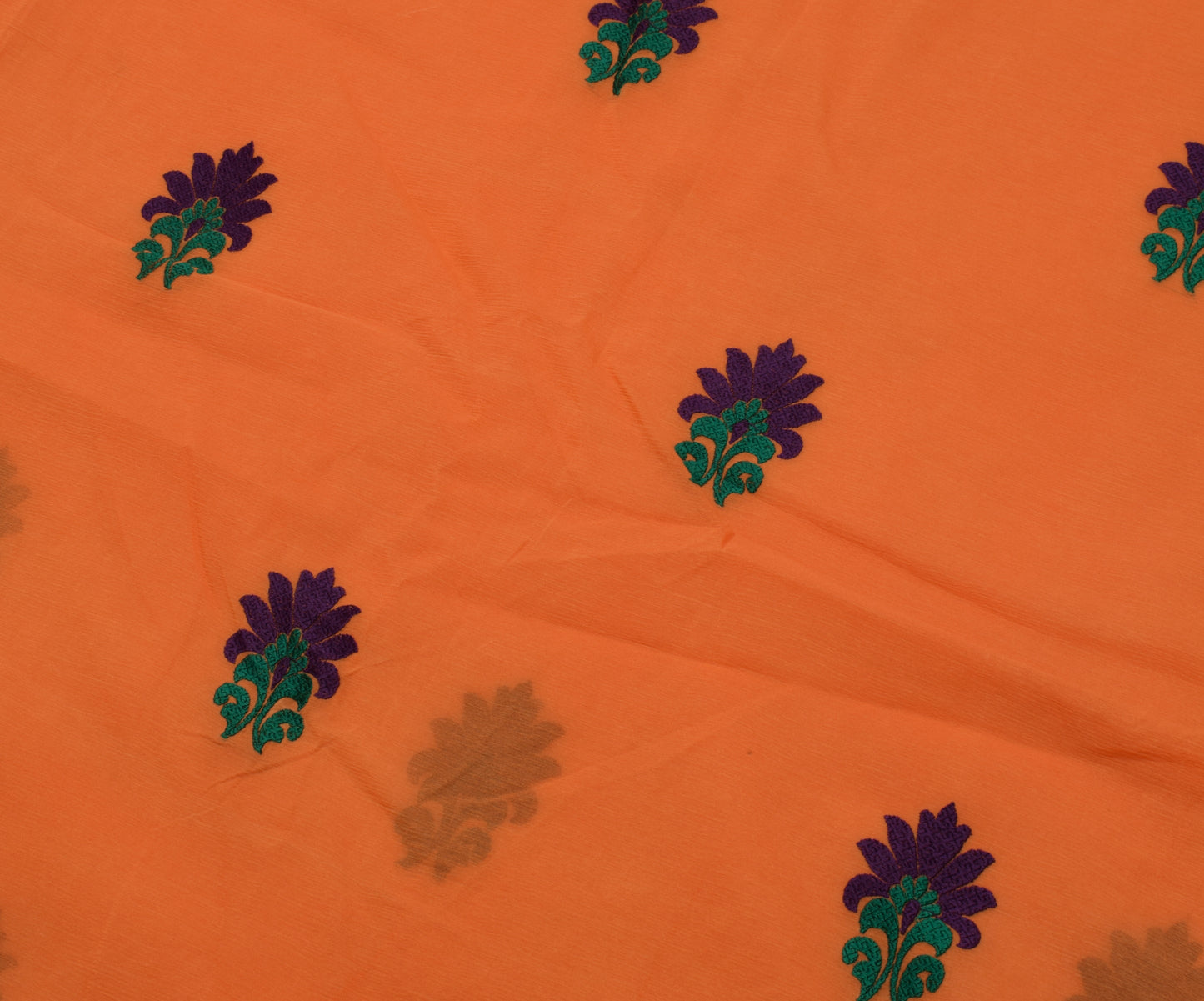 Sushila Vintage Dark Orange Scrap Saree Pure Georgette Embroidered Sari Fabric