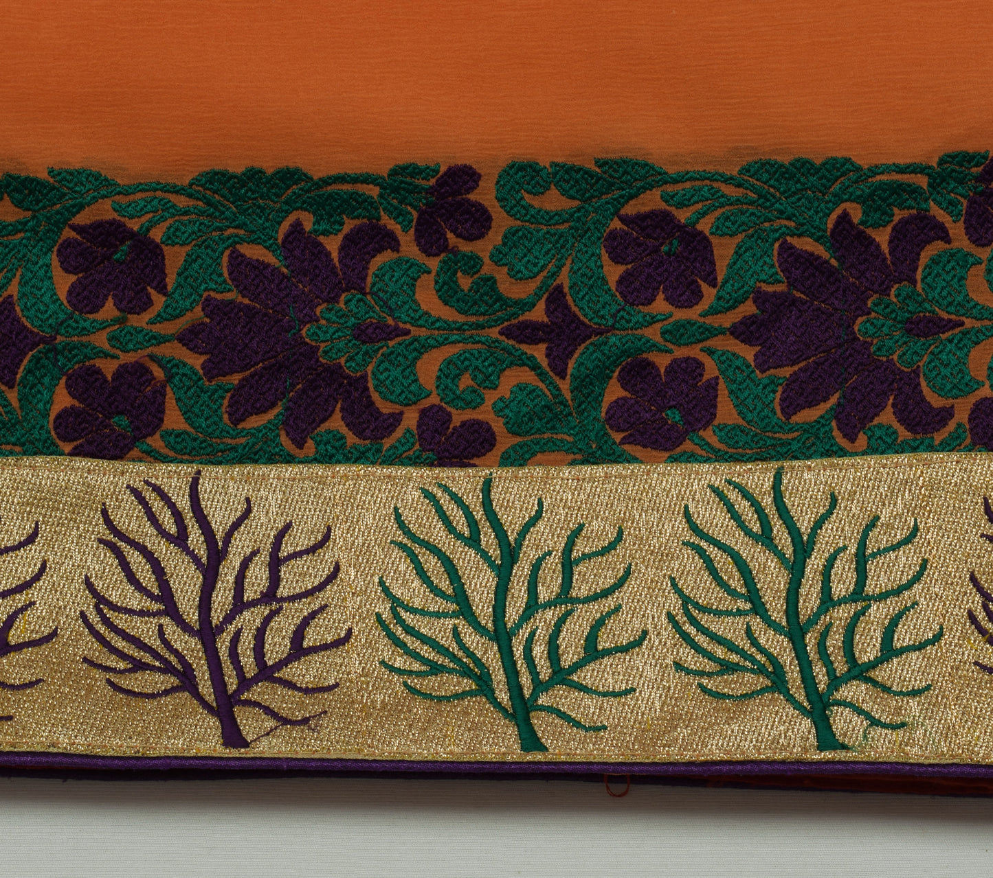 Sushila Vintage Dark Orange Scrap Saree Pure Georgette Embroidered Sari Fabric