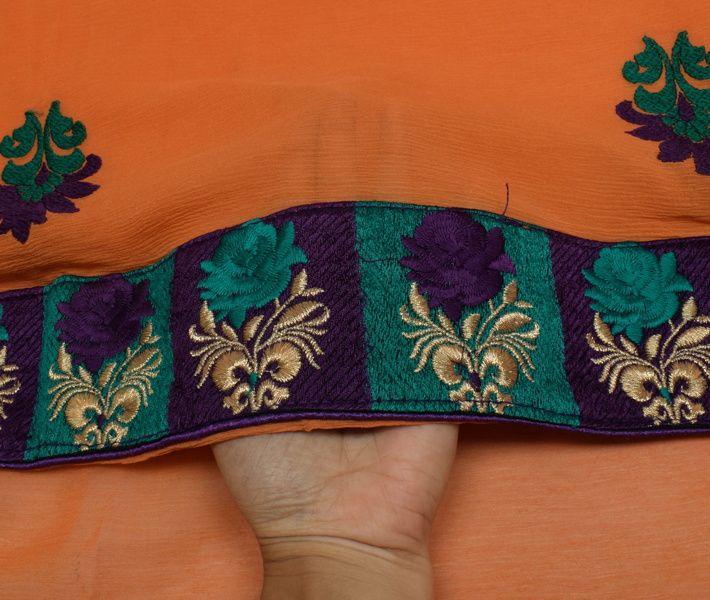 Sushila Vintage Dark Orange Scrap Saree Pure Georgette Embroidered Sari Fabric