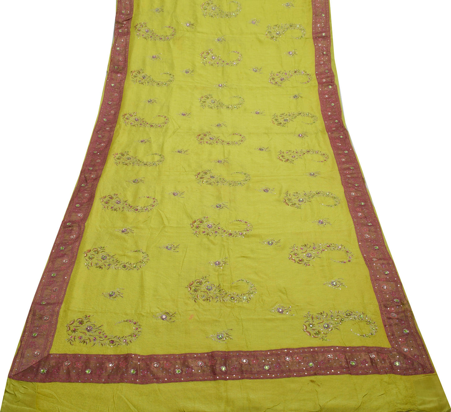 Sushila Vintage Lemon Scrap Saree Pure Sik Self Woven Floral Sari Craft Fabric