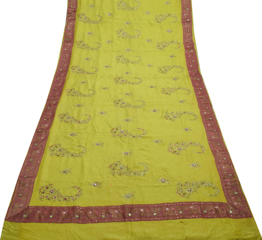 Sushila Vintage Lemon Scrap Saree Pure Sik Self Woven Floral Sari Craft Fabric