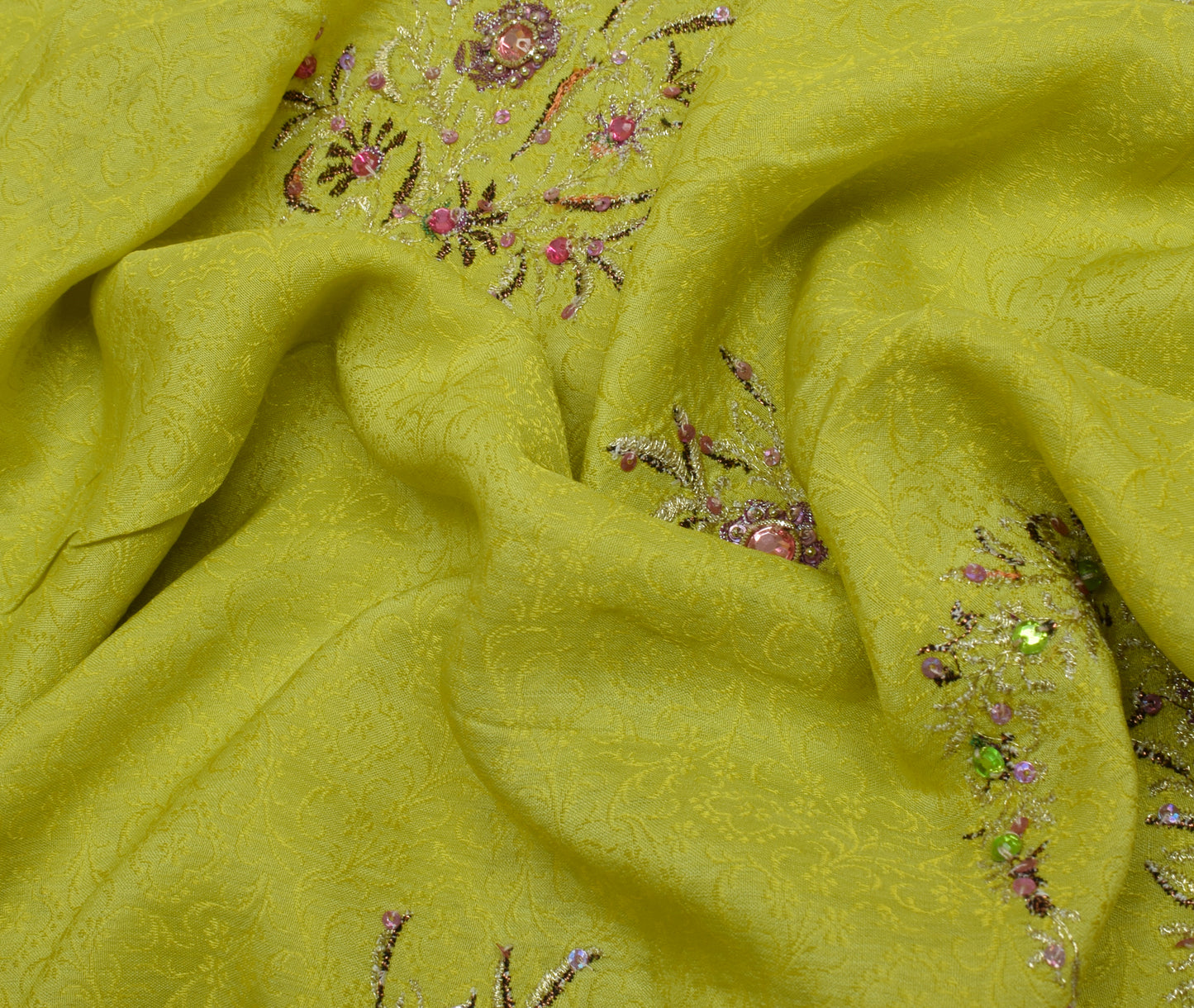 Sushila Vintage Lemon Scrap Saree Pure Sik Self Woven Floral Sari Craft Fabric