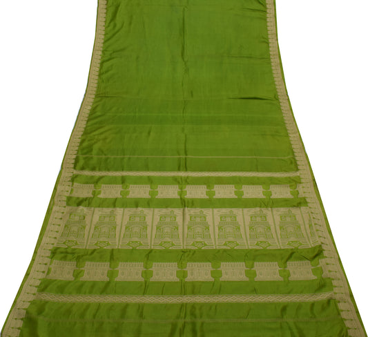 Sushila Vintage Green Scrap Saree 100% Pure Silk Woven Sari Craft 5 Yard Fabric