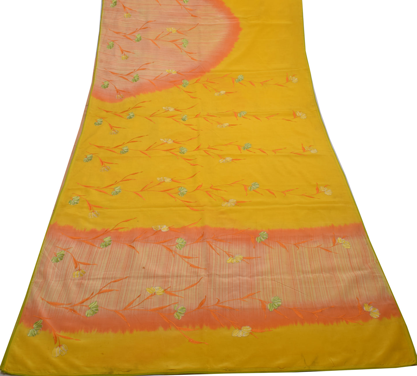 Sushila Vintage Yellow Scrap Saree Pure Georgette Silk Embroidered Floral Sari Fabric