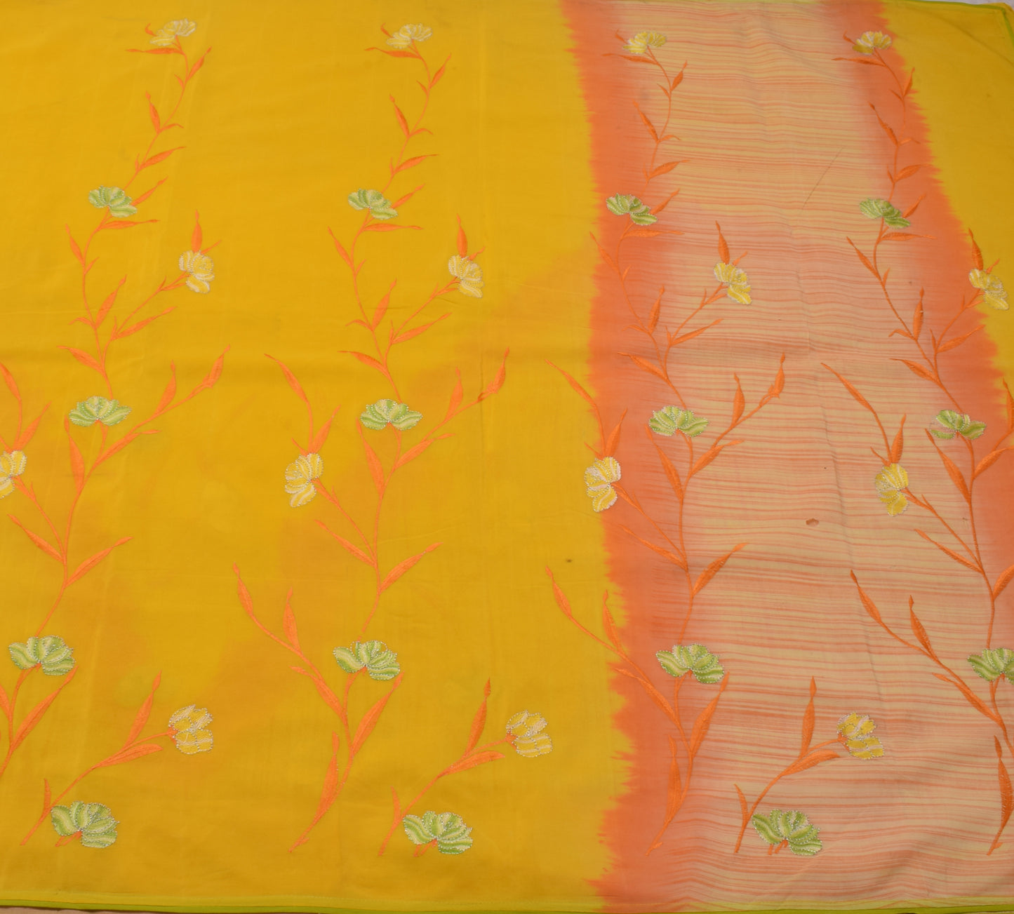 Sushila Vintage Yellow Scrap Saree Pure Georgette Silk Embroidered Floral Sari Fabric