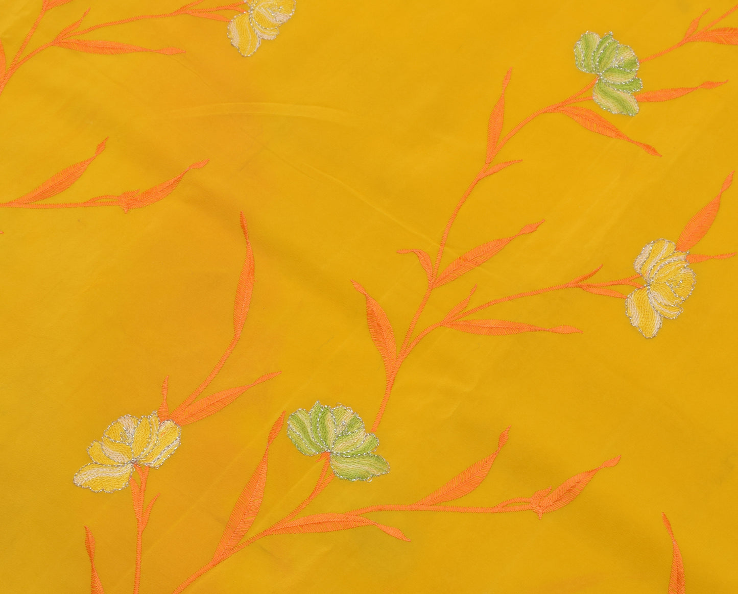 Sushila Vintage Yellow Scrap Saree Pure Georgette Silk Embroidered Floral Sari Fabric