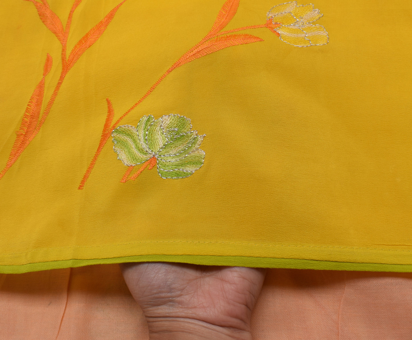 Sushila Vintage Yellow Scrap Saree Pure Georgette Silk Embroidered Floral Sari Fabric