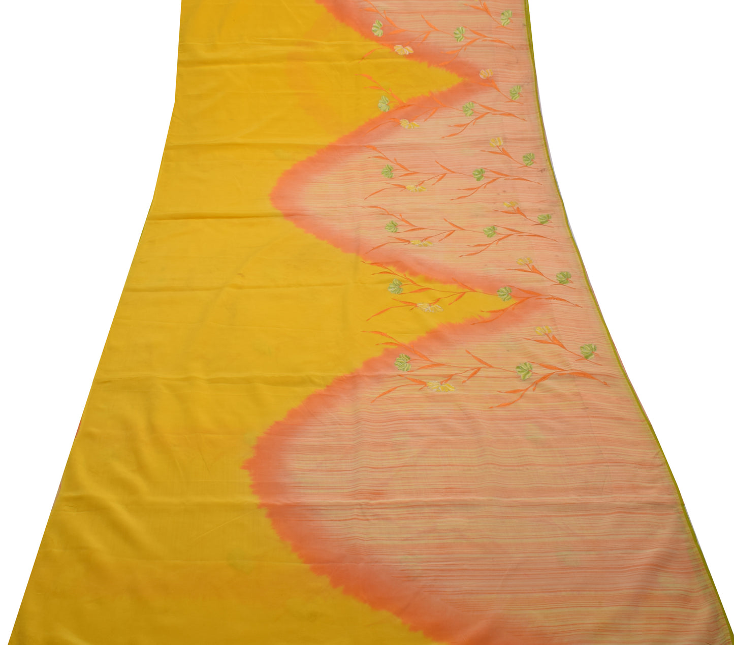 Sushila Vintage Yellow Scrap Saree Pure Georgette Silk Embroidered Floral Sari Fabric