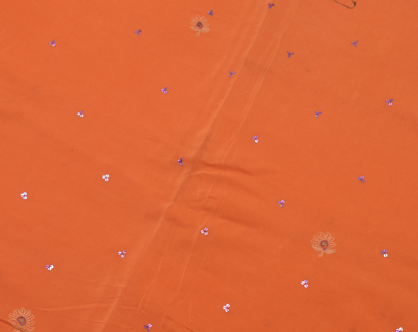 Sushila Vintage Orange Scrap Saree 100% Pure Crepe Silk Embroidered Sari Fabric