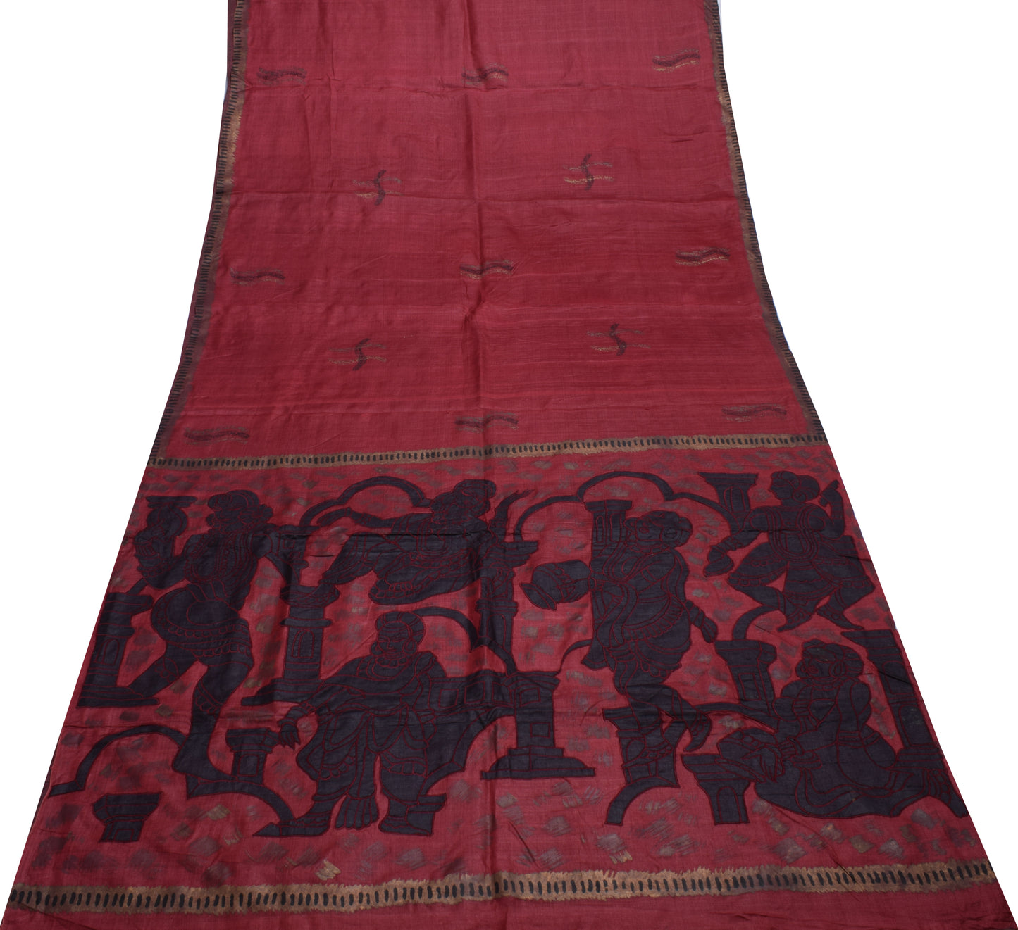 Sushila Vintage Indian Maroon Scrap Saree Pure Silk Printed 5 Yard Sari Fabric