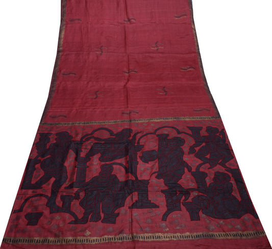 Sushila Vintage Indian Maroon Scrap Saree Pure Silk Printed 5 Yard Sari Fabric