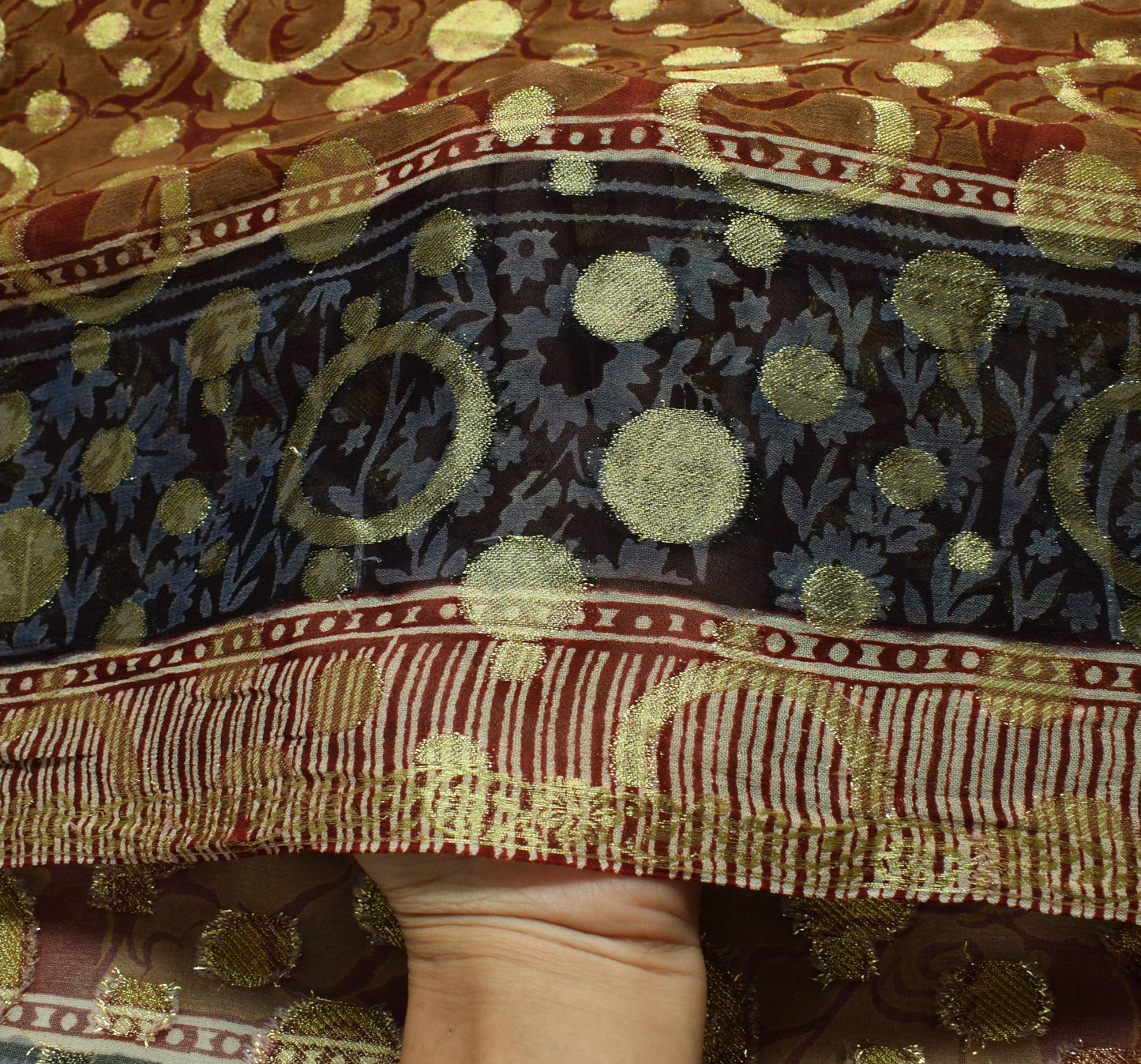 Sushila Vintage Brown Scrap Saree Blend Georgette Silk Woven Floral Sari Fabric