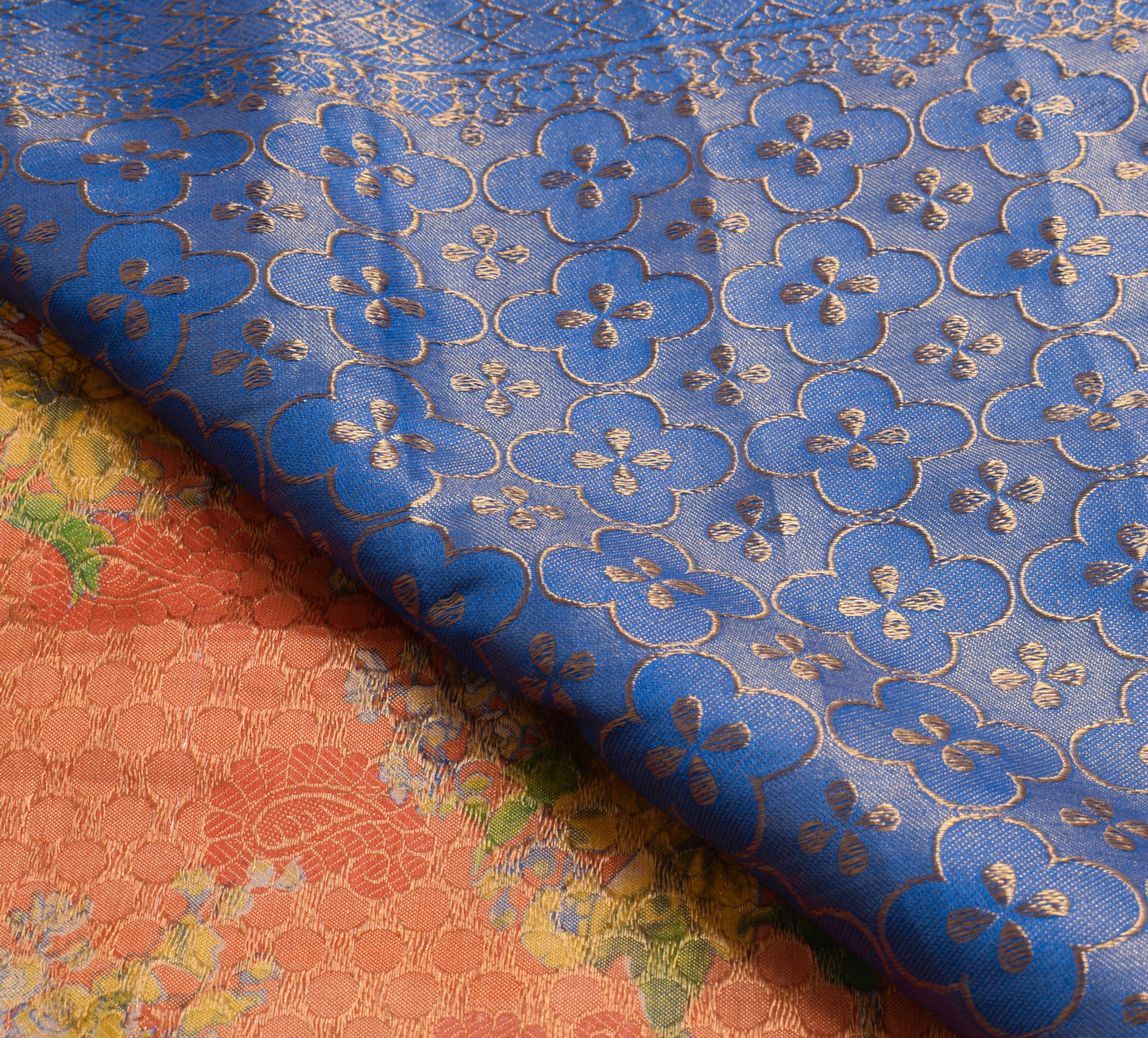 Sushila Vintage Orange & Blue Scrap Saree Art Silk Woven Floral Sari Fabric