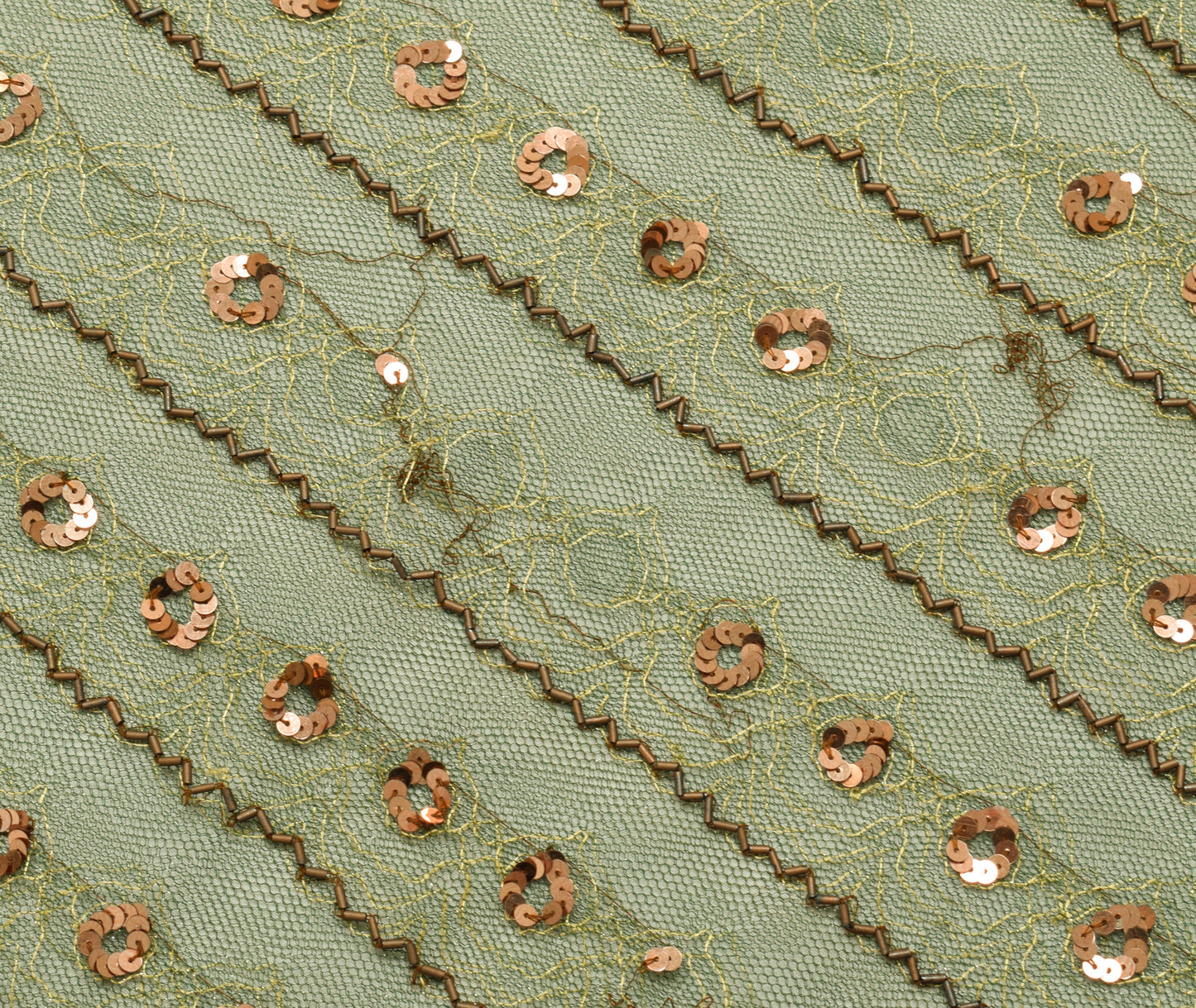 Sushila Vintage Green Scrap Saree Net Mash Hand Beaded Floral Sari Dress Fabric