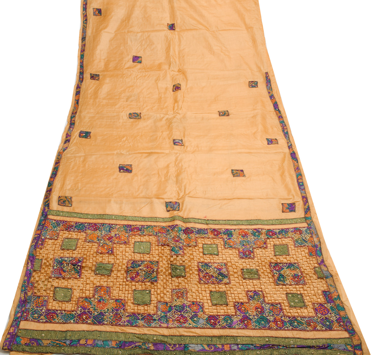 Sushila Vintage Beige Scrap Saree 100% Pure Silk Applique Work Sari CraftFabric