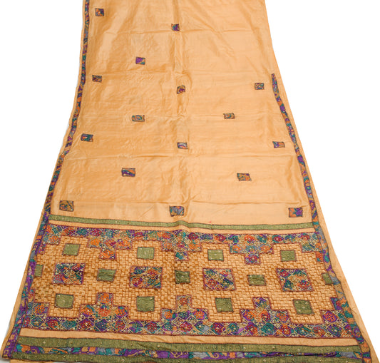 Sushila Vintage Beige Scrap Saree 100% Pure Silk Applique Work Sari CraftFabric