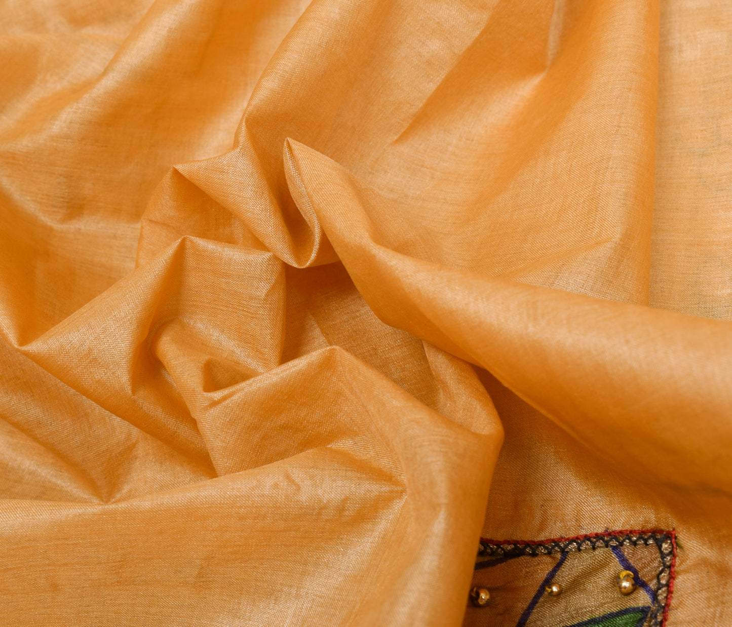 Sushila Vintage Beige Scrap Saree 100% Pure Silk Applique Work Sari CraftFabric