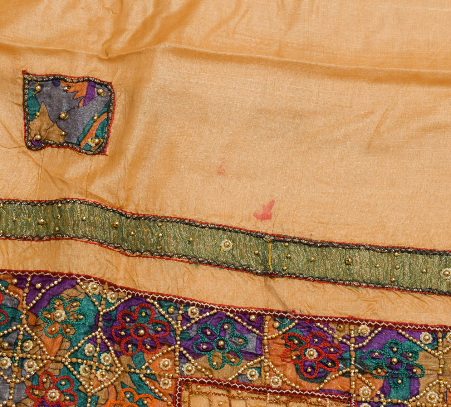 Sushila Vintage Beige Scrap Saree 100% Pure Silk Applique Work Sari CraftFabric