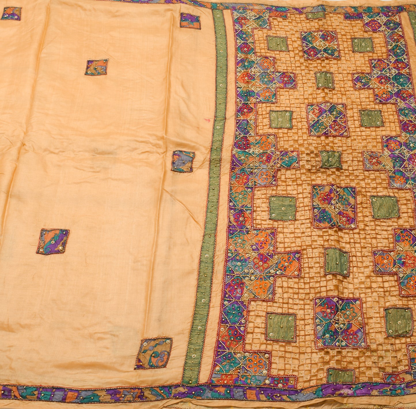 Sushila Vintage Beige Scrap Saree 100% Pure Silk Applique Work Sari CraftFabric