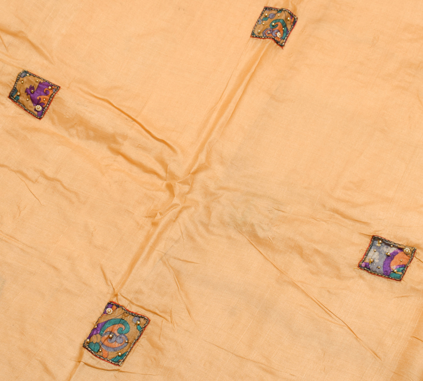 Sushila Vintage Beige Scrap Saree 100% Pure Silk Applique Work Sari CraftFabric