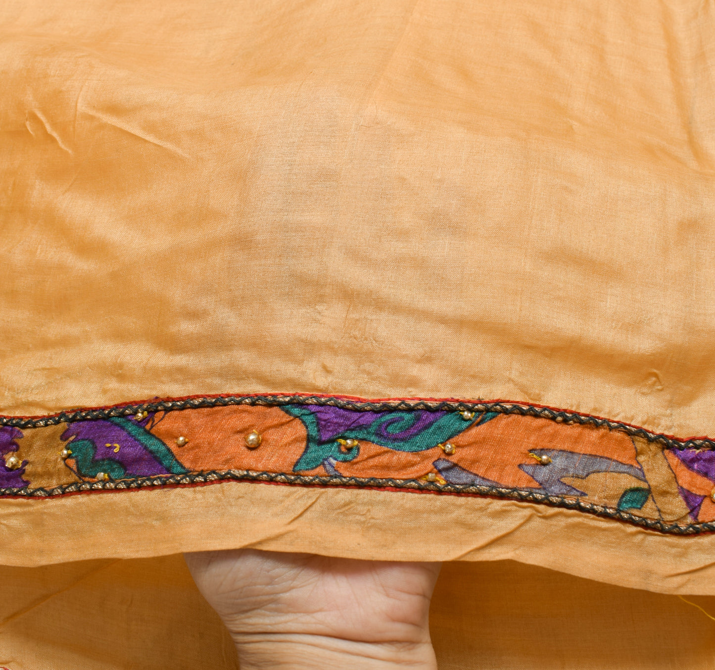 Sushila Vintage Beige Scrap Saree 100% Pure Silk Applique Work Sari CraftFabric