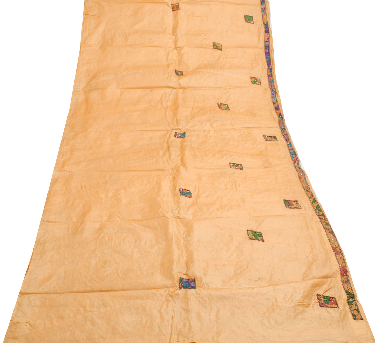 Sushila Vintage Beige Scrap Saree 100% Pure Silk Applique Work Sari CraftFabric