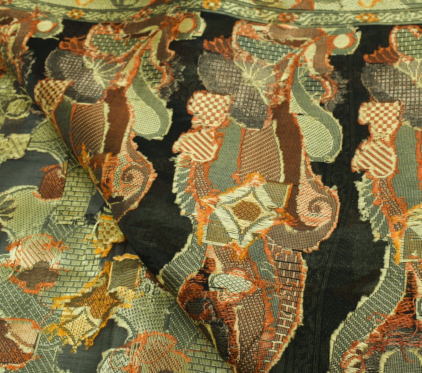 Sushila Vintage Black Scrap Saree 100%Pure Silk All Over Woven Sari Craft Fabric