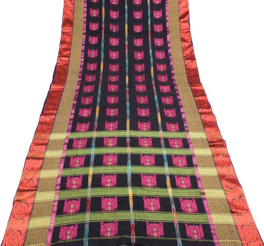 Sushila Vintage Black Scrap Saree 100% Pure Cotton Woven Paisley 5YD Sari Fabric