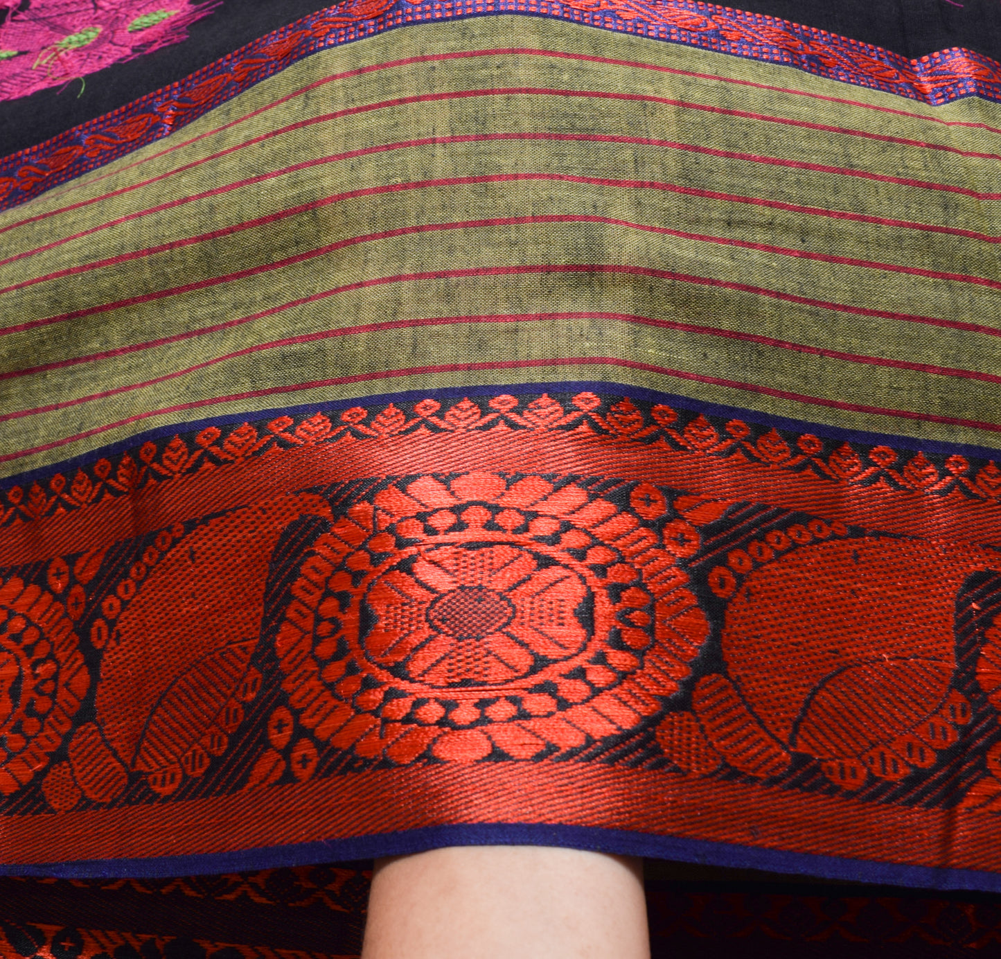Sushila Vintage Black Scrap Saree 100% Pure Cotton Woven Paisley 5YD Sari Fabric