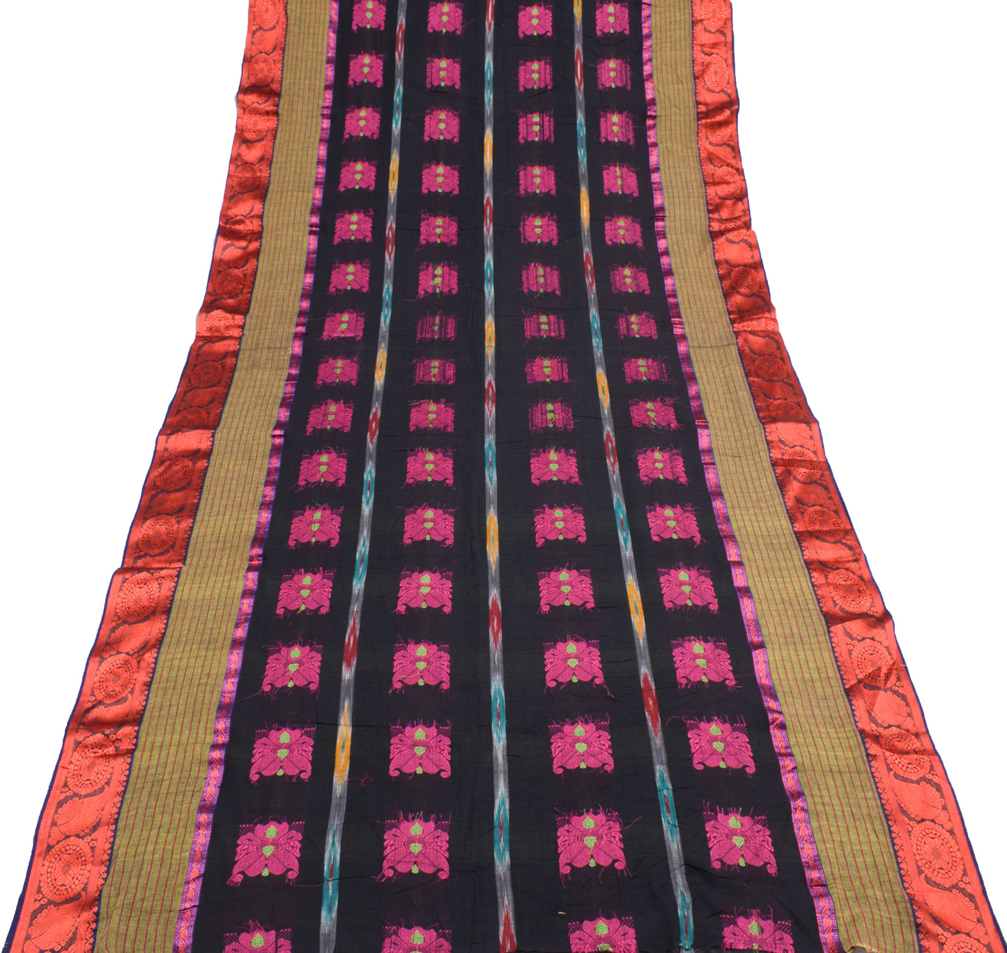 Sushila Vintage Black Scrap Saree 100% Pure Cotton Woven Paisley 5YD Sari Fabric