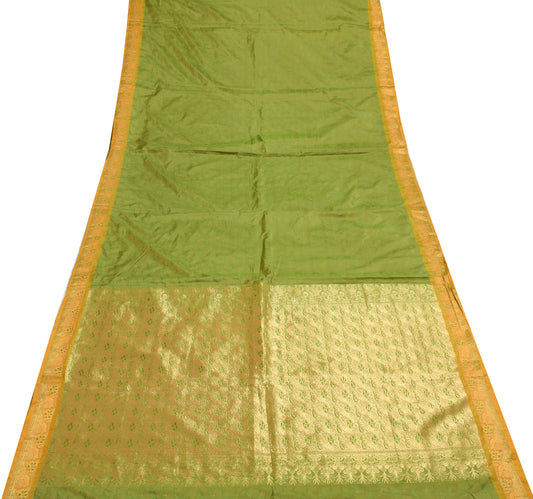 Sushila Vintage Green Scrap Saree Art Silk All Over Woven Floral 5YD Sari Fabric