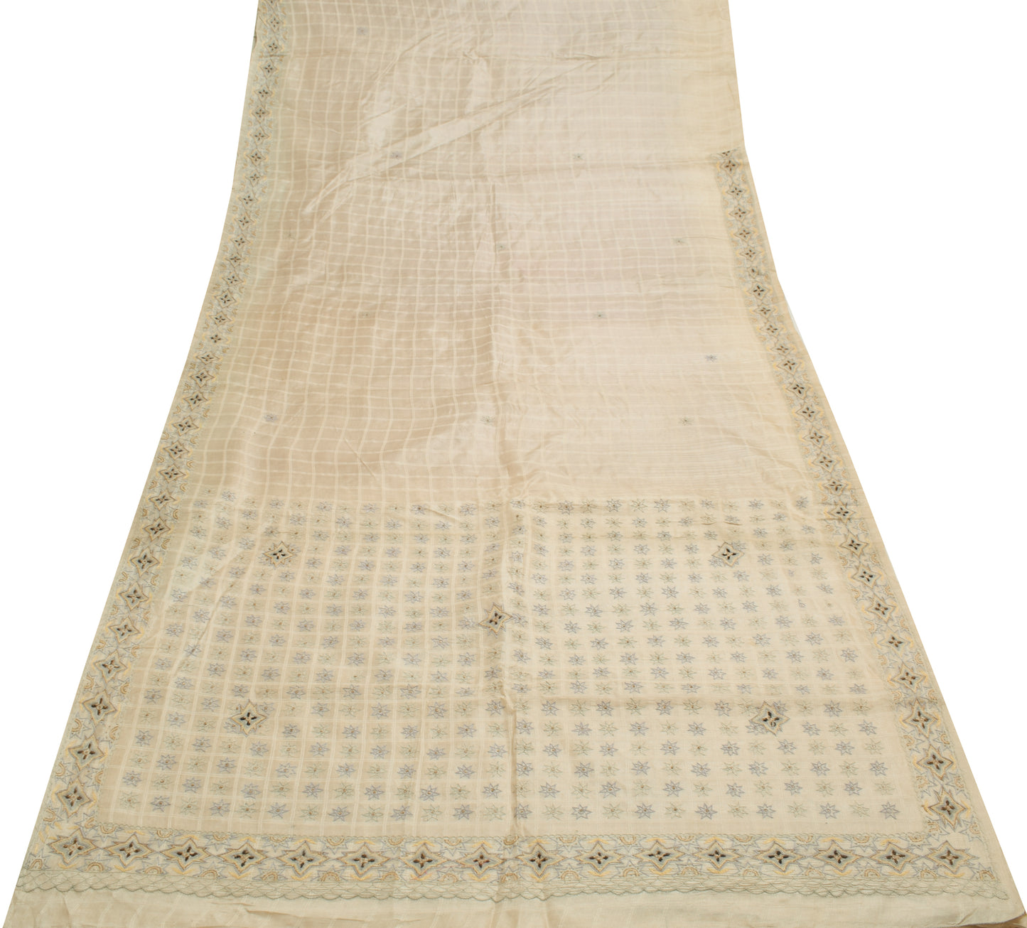 Sushila Vintage Cream Scrap Saree 100% Pure Silk Checks Embroidered Sari Fabric