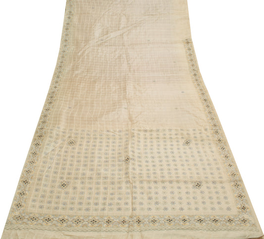 Sushila Vintage Cream Scrap Saree 100% Pure Silk Checks Embroidered Sari Fabric