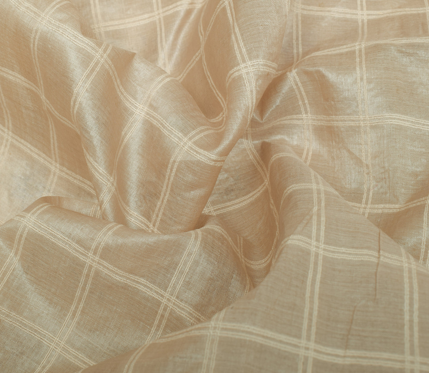 Sushila Vintage Cream Scrap Saree 100% Pure Silk Checks Embroidered Sari Fabric