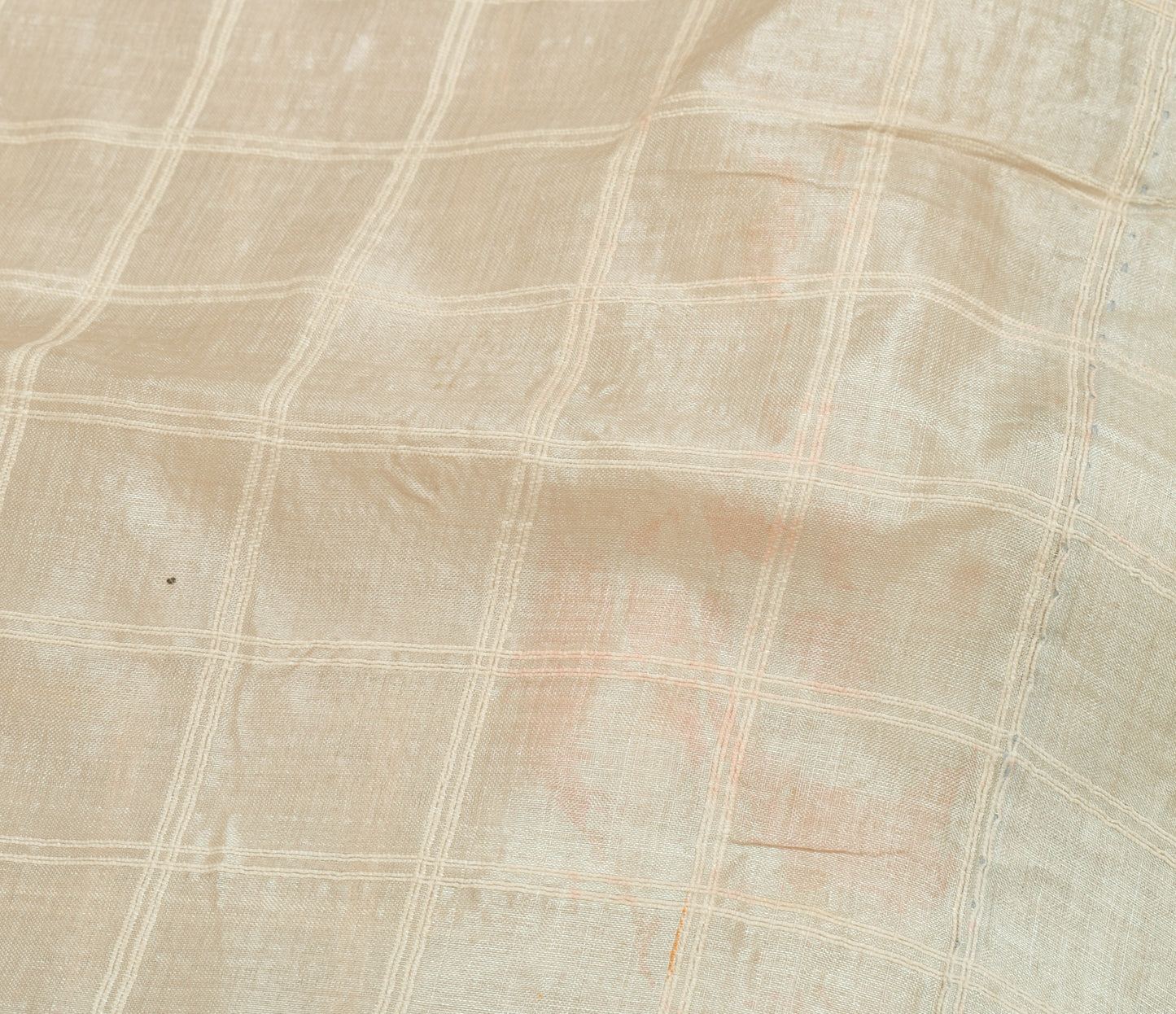 Sushila Vintage Cream Scrap Saree 100% Pure Silk Checks Embroidered Sari Fabric