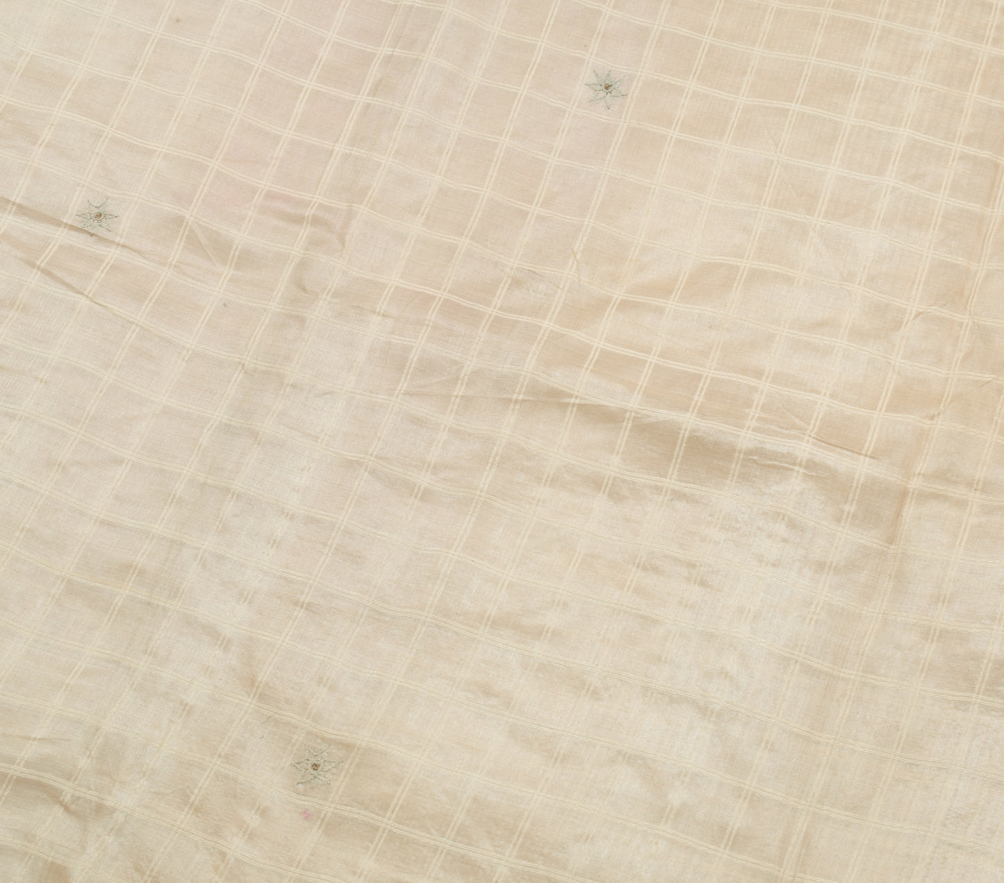 Sushila Vintage Cream Scrap Saree 100% Pure Silk Checks Embroidered Sari Fabric