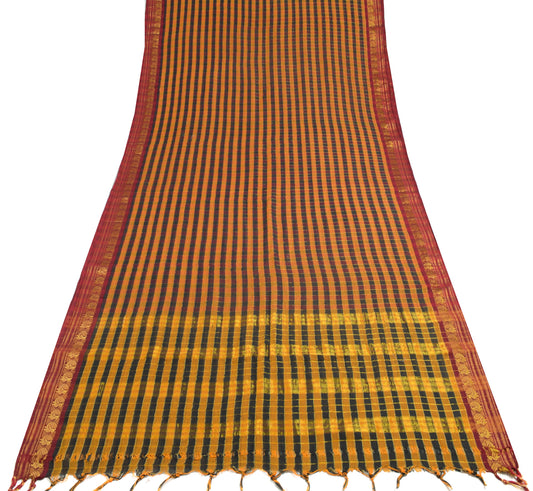 Sushila Vintage Multi-Color Scrap Saree 100%Pure Cotton Checks Woven Sari Fabric